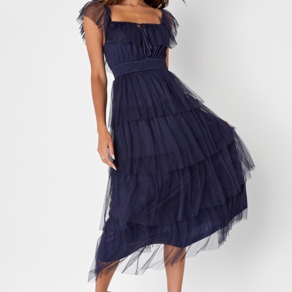 Lulus Tier I Come Navy Blue Tulle Square Neck Tiered Midi Dress - Size M - Picture 1 of 1
